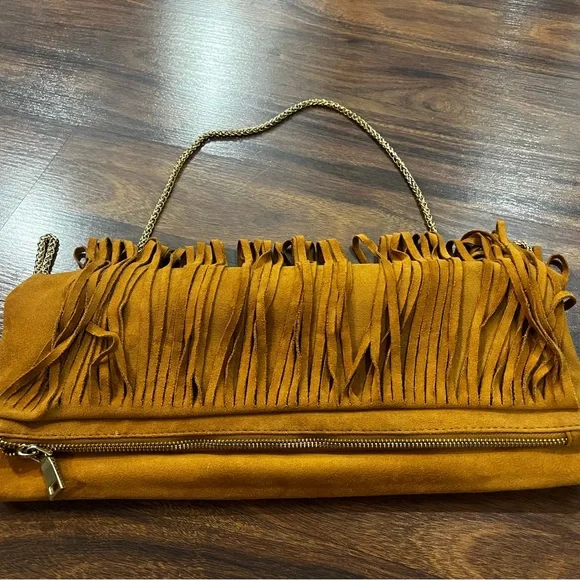 Boho Fringe Suede Tan/Brown Shoulder Bag with Gold Strap - Picture 7 of 11